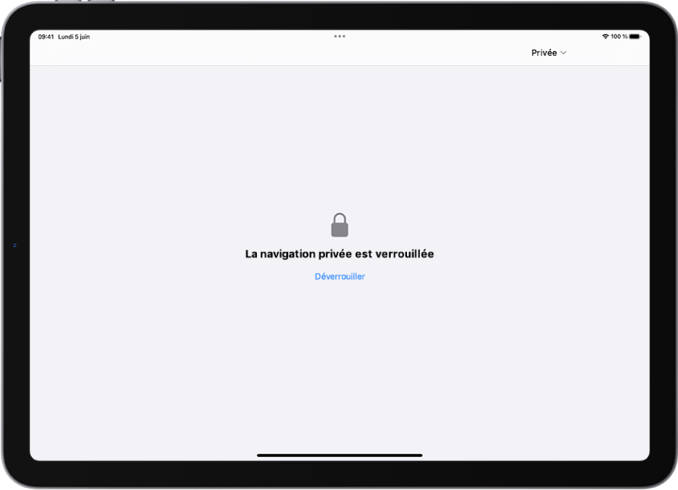 Safari est ouvert en mode navigation privée. Le message « La navigation privée est verrouillée » apparaît au centre de l’écran. Sous ce message se trouve un bouton Déverrouiller.