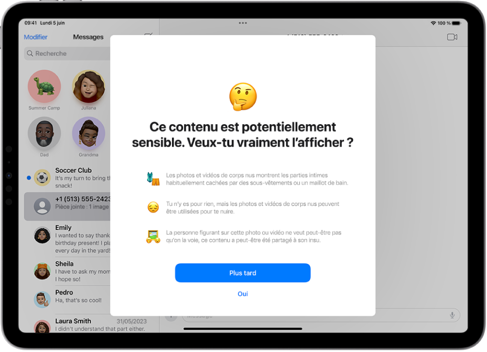 Un écran avec un avertissement indiquant qu’un message contient peut-être des images sensibles. Au bas du message figurent des options pour obtenir de l’aide ou ignorer l’avertissement.