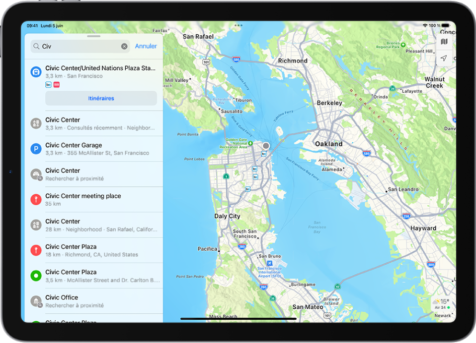 iPad avec une fiche de recherche présentant les résultats correspondant à un mot saisi partiellement, « Civ. »