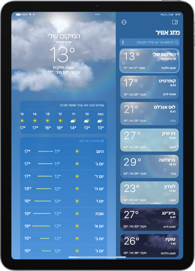 מסך ״מזג אוויר״ מציג את סרגל הצד בחלקו הימני של המסך. בתוך סרגל הצד מופיעה רשימת ערים המציגה את השעה הנוכוית, הטמפרטורה הנוכחית, התחזית וטמפרטורות גבוהות ונמוכות. בראש הרשימה נבחר ״המיקום שלי״ ובצד השמאלי של המסך מופיעים תחזית מזג האוויר והתנאים במיקום זה.