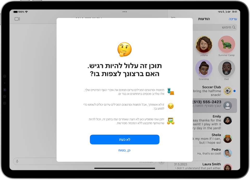 מסך ״אזהרת תוכן רגיש״ שמזהיר על אפשרות של עירום בתמונה. בתחתית המסך מופיעים הכפתורים הבאים: ״לא כעת״ ו״כן, בטוח״.