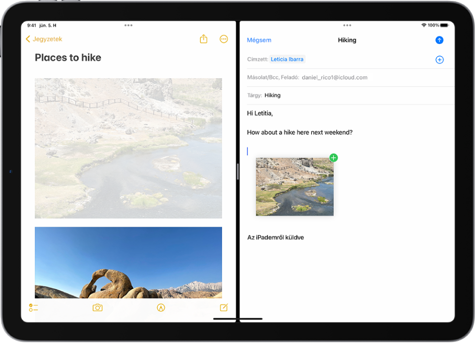 Split View nézet, amelynek bal oldalán a Jegyzetek app van megnyitva, a jobb oldalán pedig egy e-mail. A Jegyzetekből egy fotó van áthúzva az e-mailbe.