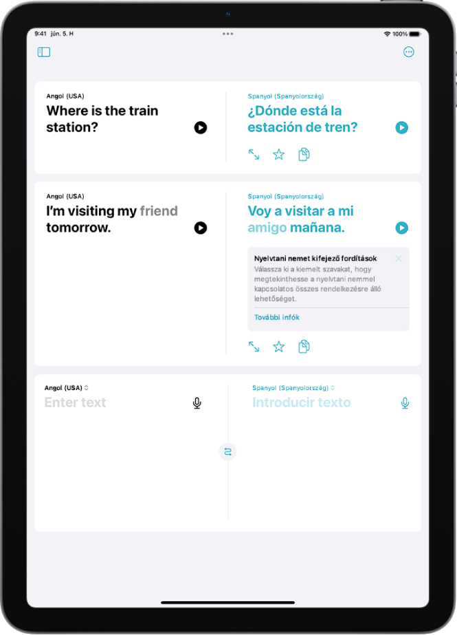 A Fordítás lap, amelyen angolról spanyol nyelvre lefordított kifejezések láthatók. A második kifejezésben egy szó többféle nemi variációval rendelkezik, ezért szürke színnel van kiemelve.