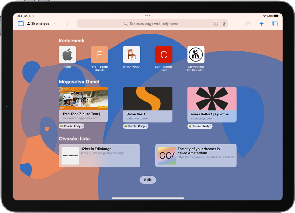 A Safari nyitóoldala, ahol a kedvenc webhelyek, az Önnel megosztott webhelyek és az Olvasási listába mentett webhelyek láthatók. A Szerkesztés gomb a képernyő alsó részén található.