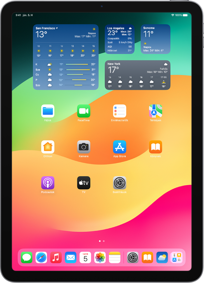 Az iPad Főképernyője. A képernyő tetején négy Időjárás widget látható négy különböző helyhez kapcsolódóan.