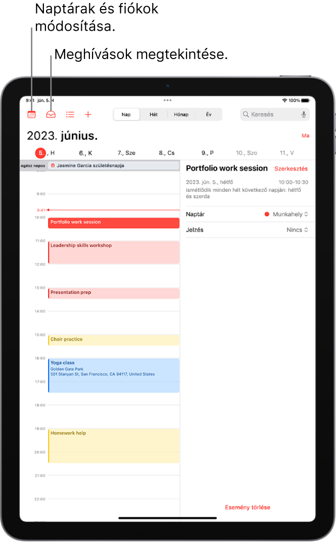 A Naptár Nap nézetben. A képernyő tetején lévő gombok segítségével válthat a Napi, Heti, Havi vagy Éves nézet között. A Naptárak gomb a képernyő bal felső részén, a Bejövő gomb pedig a bal felső rész közelében található.