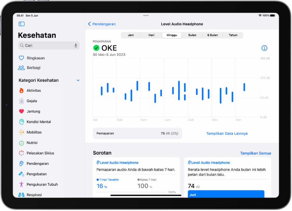 Layar Pendengaran di Kesehatan menampilkan rentang level audio headphone dalam seminggu.