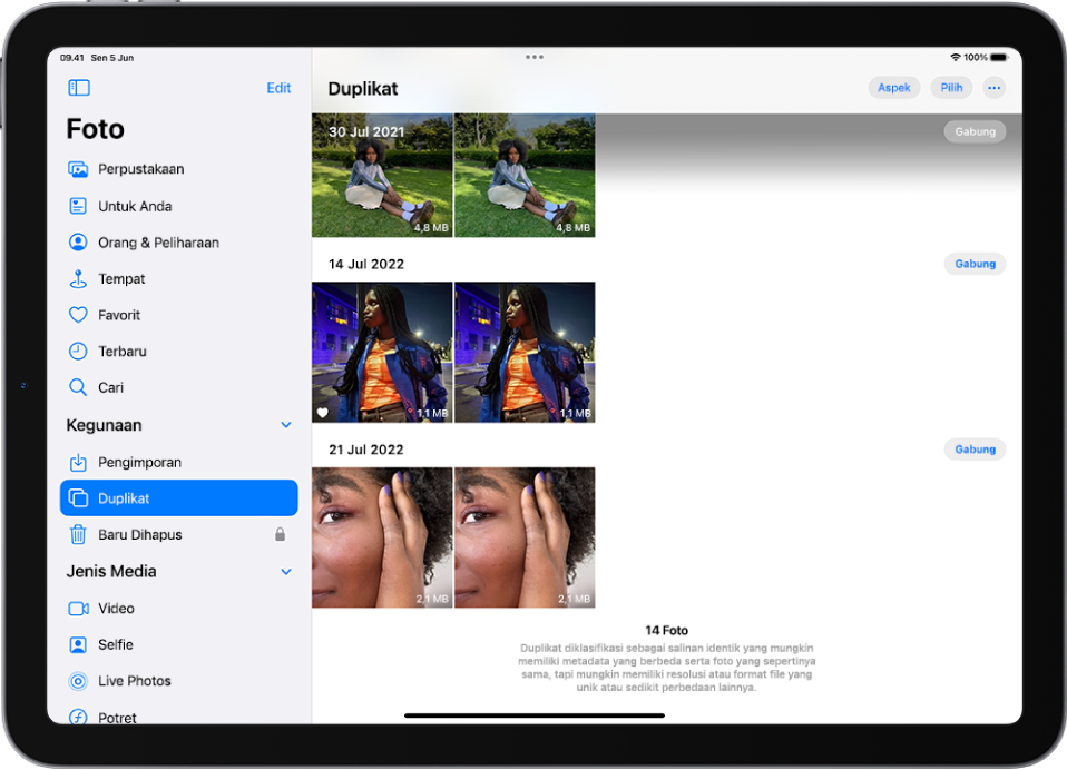 Layar Duplikat, menampilkan foto duplikat di samping satu sama lain. Di sisi kanan layar terdapat tombol Gabung untuk menggabungkan setiap pasang foto duplikat.