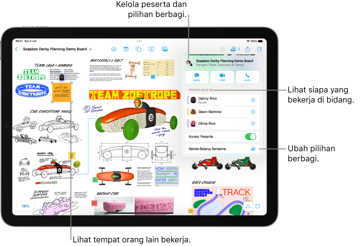 Bidang Freeform bersama di iPad dengan menu kolaborasi dibuka dan lokasi peserta lain di bidang yang ditandai dengan tanda titik ungu.