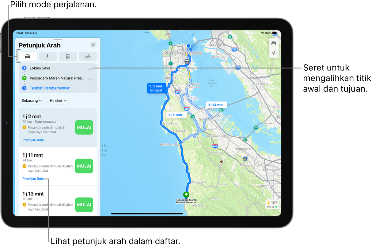 Peta menampilkan beberapa rute berkendara di antara dua lokasi, dengan pilihan untuk memilih mode perjalanan lainnya, mengalihkan titik mulai dan tujuan, dan melihat petunjuk arah di daftar.