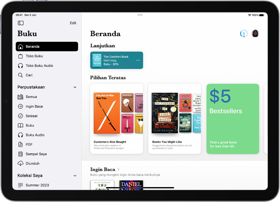 Layar Beranda di app Buku, menampilkan bagian Saat Ini, Terbaru, dan Ingin Baca.