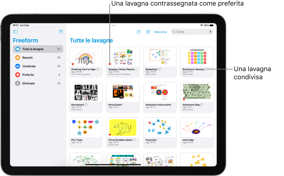 L’app Freeform è aperta su iPad. L’opzione “Tutte le lavagne” è selezionata nella barra laterale e alcune miniature di lavagne vengono visualizzare sulla destra.