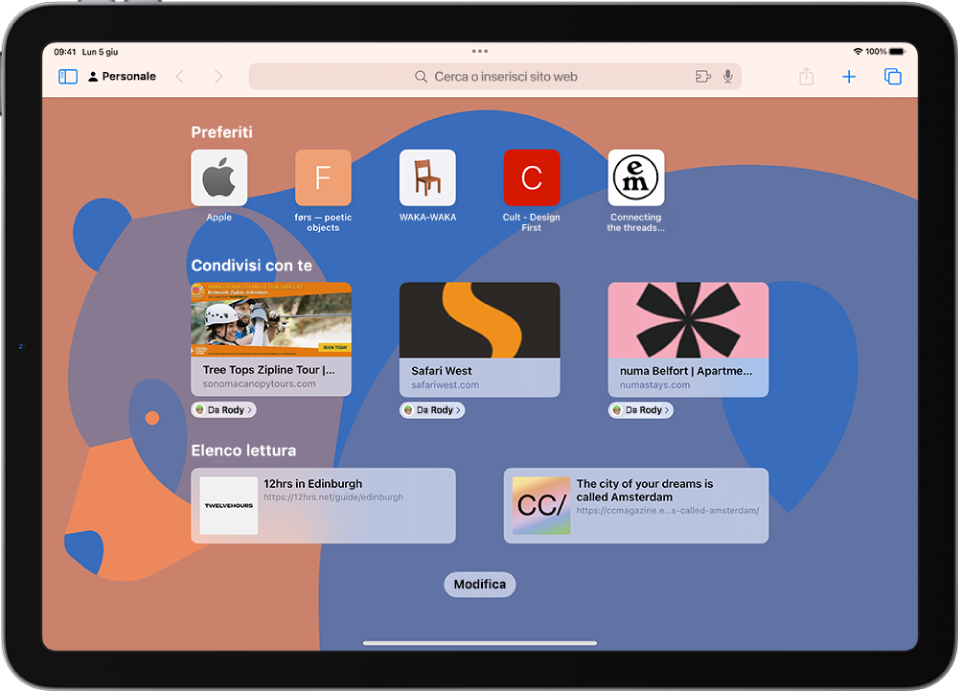 La pagina di apertura in Safari che mostra i siti web preferiti, i siti web condivisi con te e i siti web salvati in “Elenco lettura. Nella parte inferiore dello schermo è presente il pulsante Modifica.