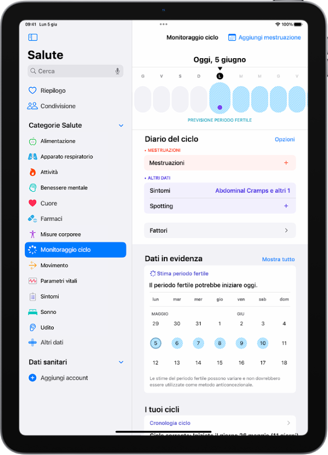 La schermata di “Monitoraggio Ciclo” con una timeline in alto che mostra una stima del periodo fertile.