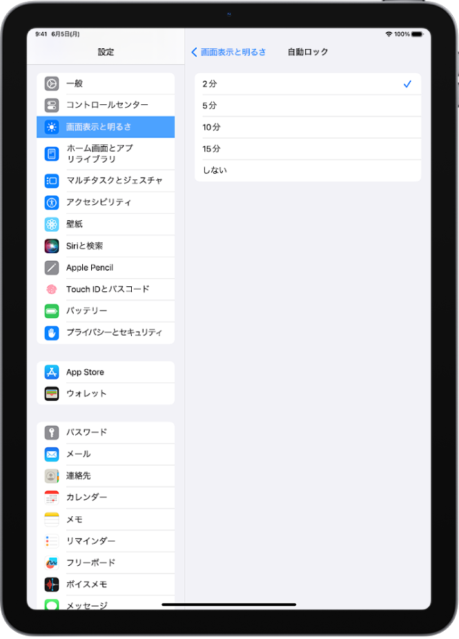 「自動ロック」画面。iPadが自動的にロックされるまでの時間の設定が表示されています。