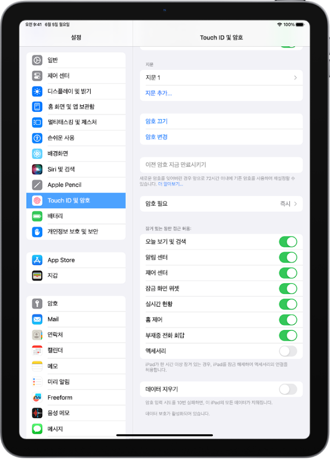 iPad가 잠긴 동안 특정 기능에 접근할 수 있는 옵션이 표시된 Touch ID 및 암호 설정.