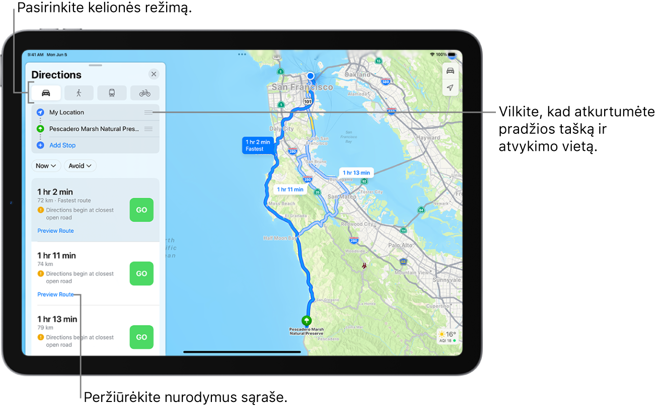 Žemėlapis, kuriame rodomi keli vairavimo maršrutai tarp dviejų vietų, su parinktimis pasirinkti kitus kelionės būdus, perjungti pradinį ir galutinį taškus ir peržiūrėti maršrutus sąraše.