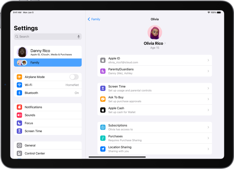 Ekrane „Settings“ rodomos tokios šeimos paaugliui prieinamos funkcijos kaip „Ask to Buy“ ir „Apple Cash“.