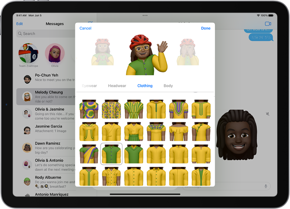 Memoji ekrāns, kurā pats personāžs tiek izveidots vidū, pielāgojamie parametri atrodas zem tā, bet atlasītā parametra opcijas ir pašās beigās. Poga Done atrodas augšējā labajā stūrī, un poga Cancel ir augšējā kreisajā stūrī.