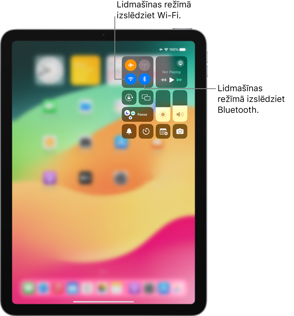 iPad ierīces izvēlne Control Center, kurā redzams ieslēgts režīms Airplane Mode. Pogas Wi-Fi un Bluetooth izslēgšanai ir netālu no Control Center ekrāna augšējā kreisā stūra. Pieskarieties pie Bluetooth ikonas, lai izslēgtu Bluetooth režīmā Airplane Mode. Pieskarieties pie Wi-Fi ikonas, lai izslēgtu Wi-Fi režīmā Airplane Mode.