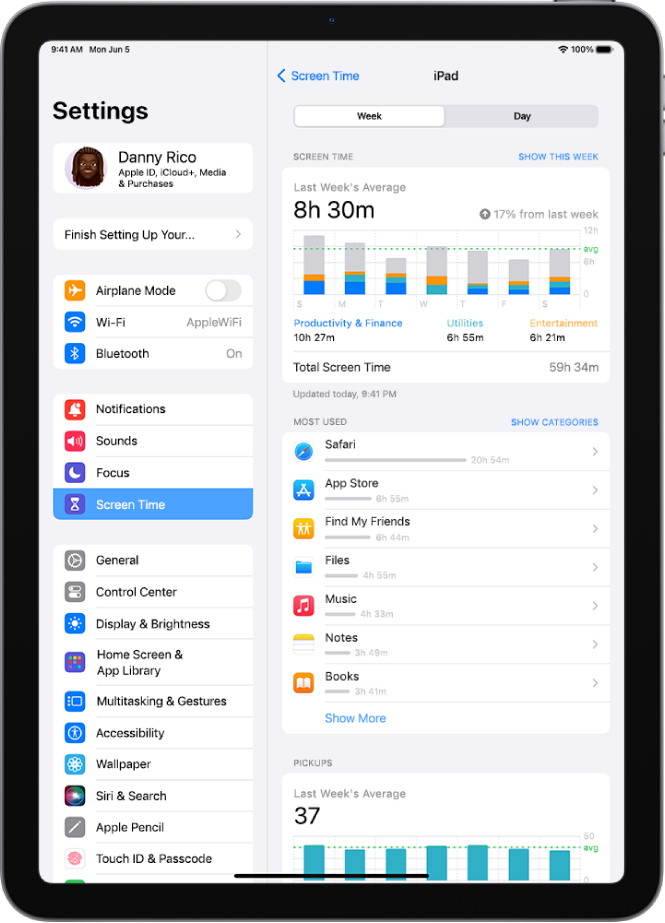 Funkcijas Screen Time nedēļas pārskats, kurā norādīts, cik laika kopā pavadīts lietotņu izmantošanai, pēc kategorijas un pēc lietotnes.