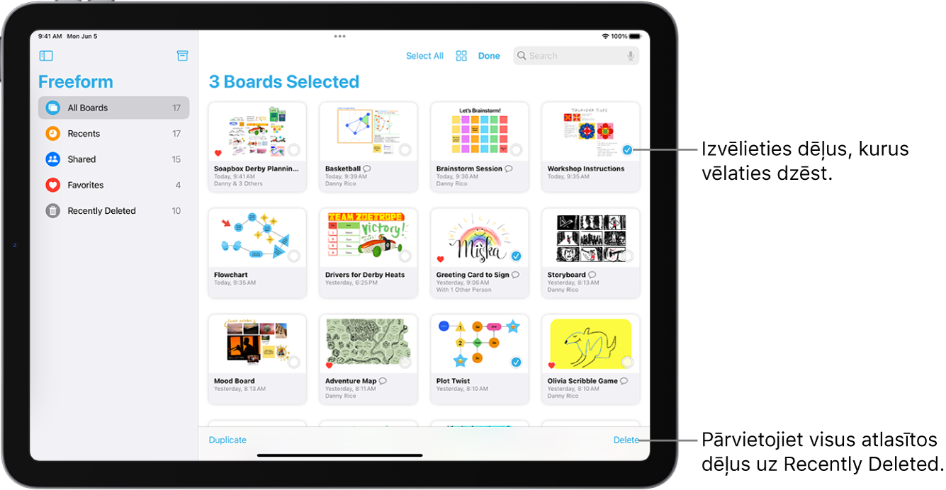 Lietotnes Freeform skatā All Boards ir atlasītas vairākas tāfeles. Pieskarieties pie pogas Delete ekrāna apakšējā labajā stūrī.