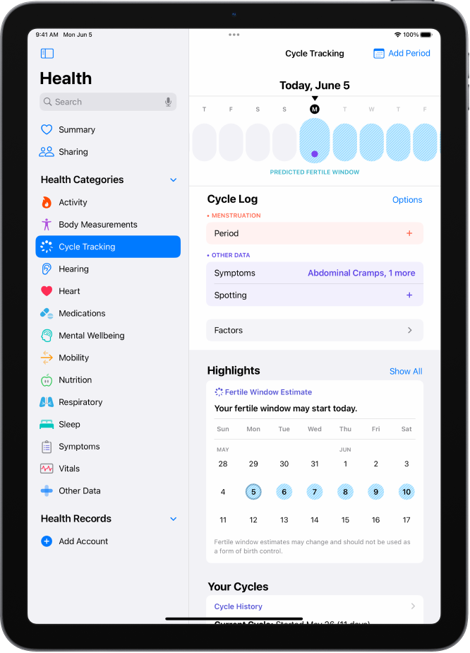 Ekrāns Cycle Tracking ar laika skalu netālu no augšdaļas, kur redzams aprēķinātais auglīgais periods.