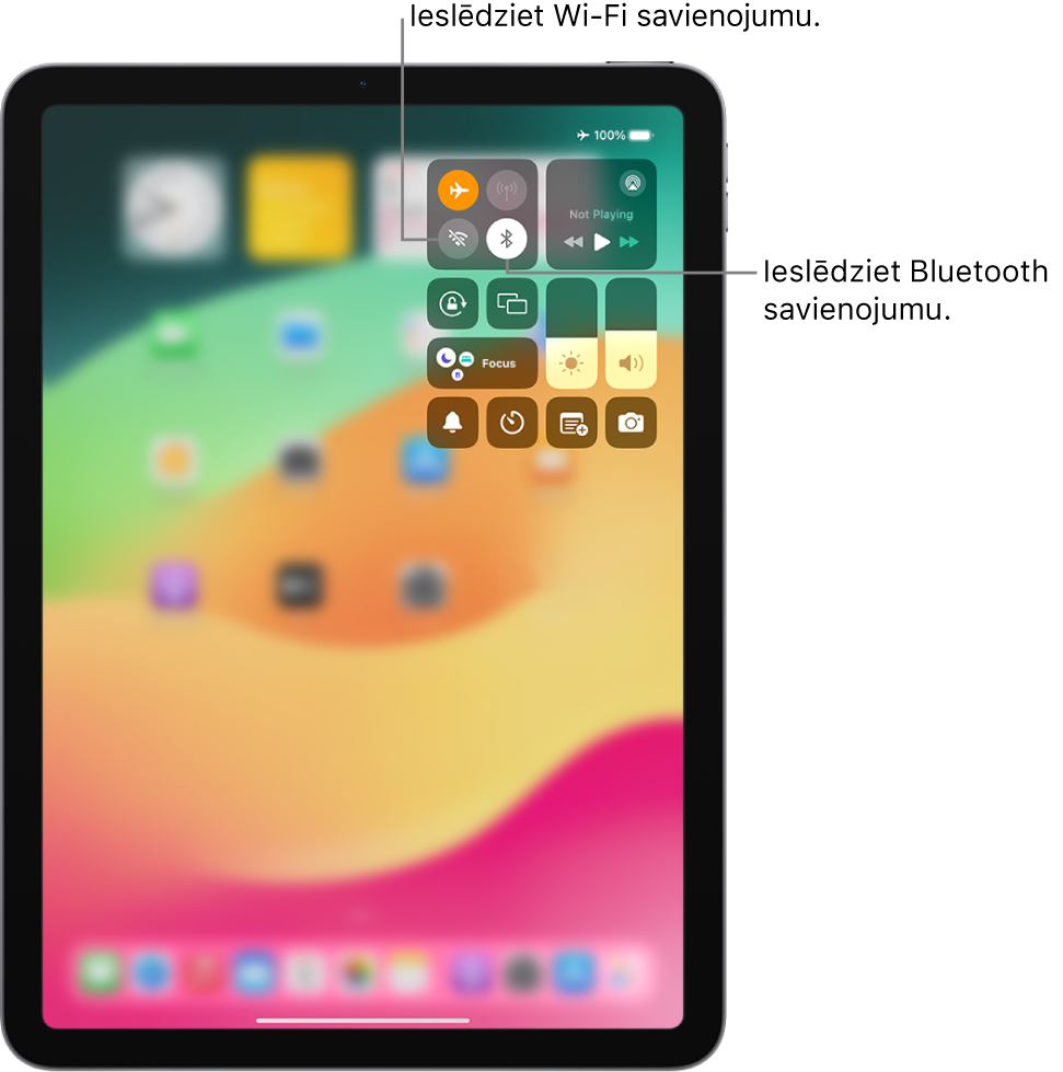 iPad ierīces izvēlne Control Center, kurā redzams ieslēgts lidmašīnas režīms. Pogas Wi-Fi un Bluetooth ieslēgšanai ir netālu no Control Center ekrāna augšējā kreisā stūra.