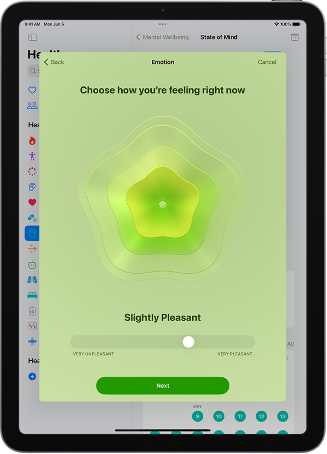Lietotnes Health ekrāns, kur pašreizējais noskaņojums noteikts kā Slightly Pleasant. Ekrāna apakšā ir slīdnis, lai pielāgotu emociju līmeni.