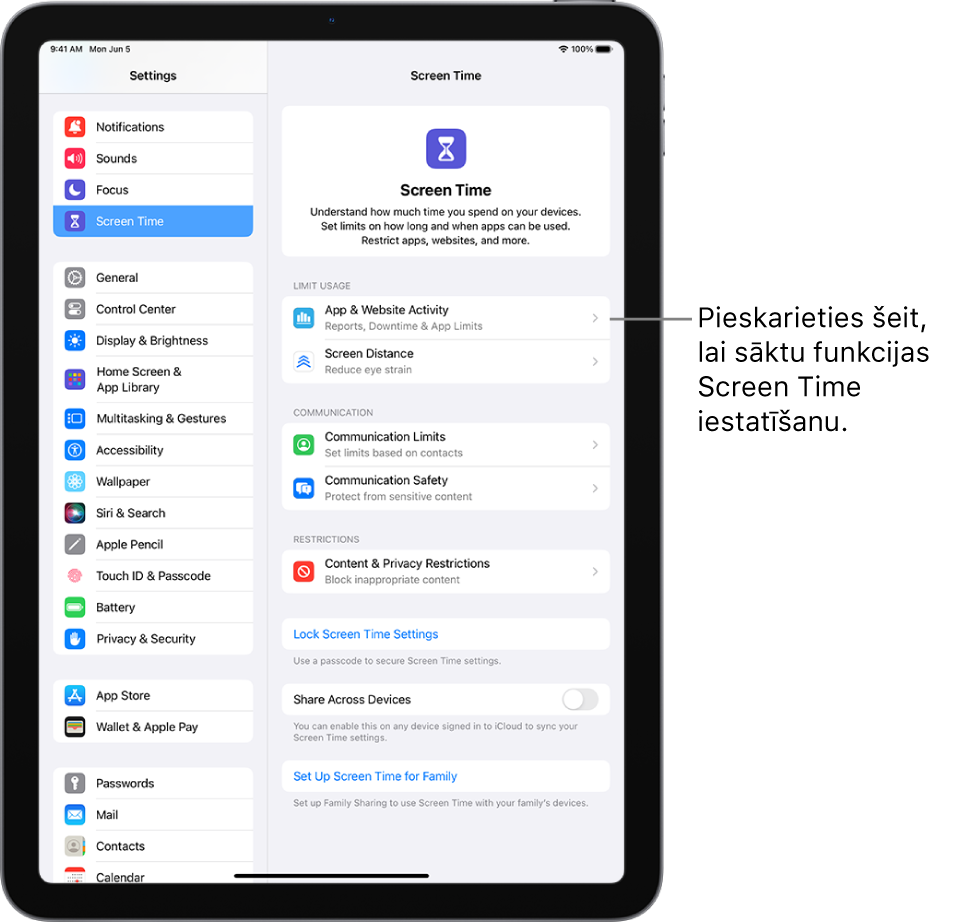 Ekrāns, lai iestatītu Screen Time, kur redzams, ka darba iesākšanai pieskaraties App & Website Activity.