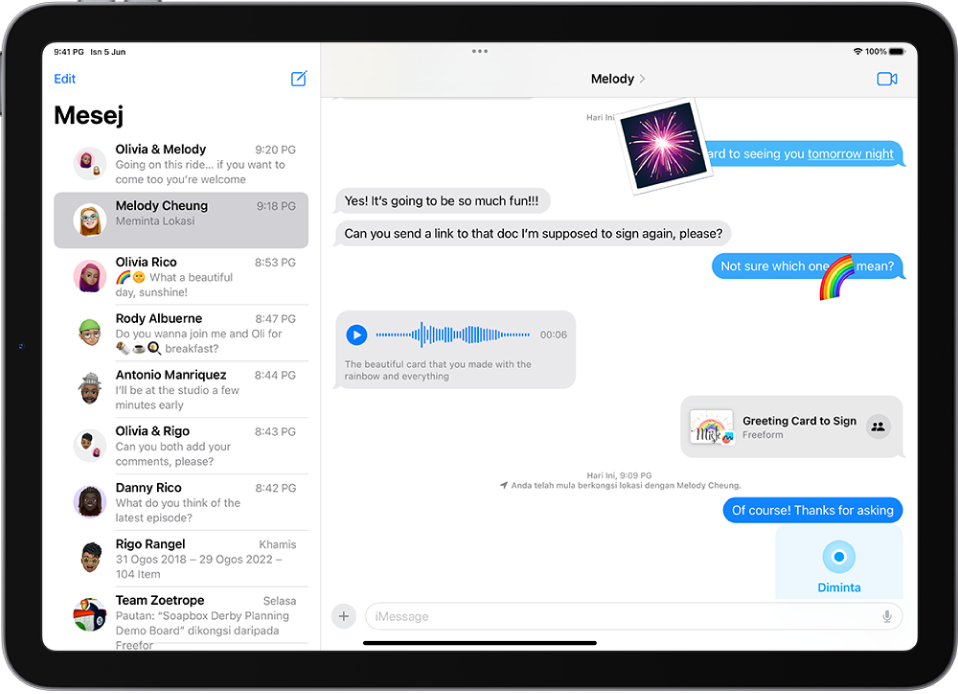 Perbualan Mesej menunjukkan ciri iMessage