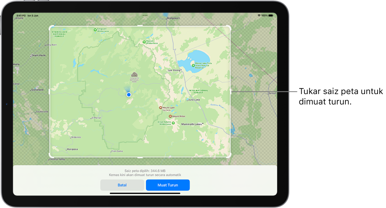 iPad dengan peta taman negara. Taman dibingkaikan oleh segi empat tepat dengan pemegang, yang boleh dialihkan untuk menukar saiz peta untuk dimuat turun. Saiz muat turun peta yang dipilih ditunjukkan berdekatan bahagian bawah peta. Butang Batal dan Muat Turun berada di bahagian bawah skrin.