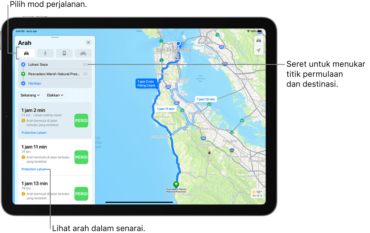 Peta menunjukkan berbilang laluan memandu antara dua lokasi, dengan pilihan untuk memilih mod perjalanan lain, menukar titik permulaan dan destinasi serta melihat arah dalam senarai.