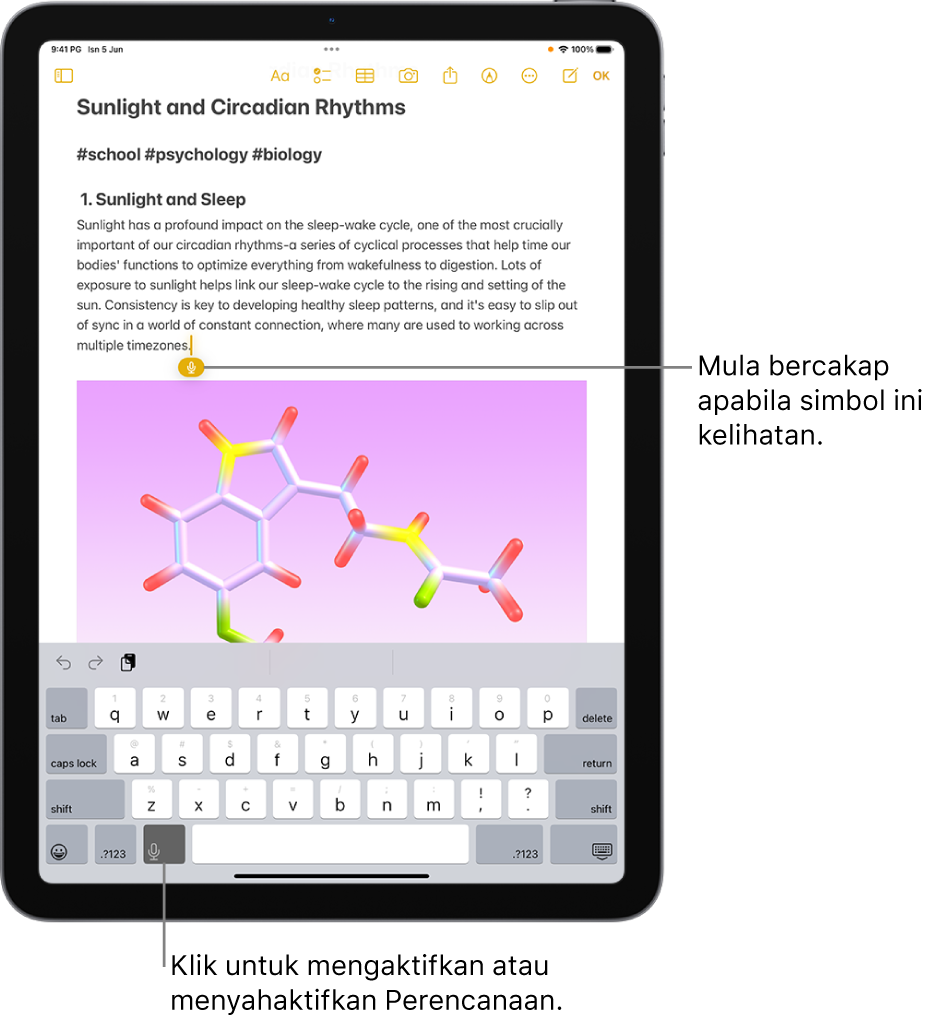 Papan kekunci atas skrin dibuka dalam app Nota. Butang Perencanaan di bahagian bawah papan kekunci dipilih dan butang Perencanaan kelihatan di bawah titik sisipan dalam medan teks.