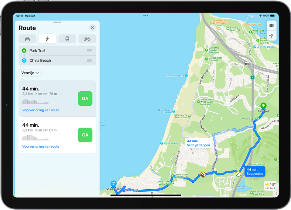 Een kaart met twee looproutes, elk met een knop 'Ga' in de routekaart aan de linkerkant.