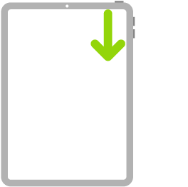 Een afbeelding van een iPad met een pijl die aangeeft hoe je vanaf de rechterbovenhoek van het scherm omlaag kunt vegen.