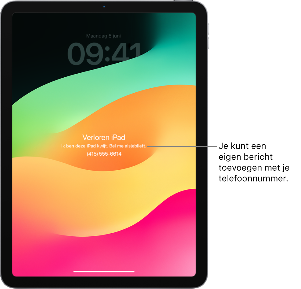 Het toegangsscherm van een iPad met een bericht over een kwijtgeraakte iPad. Je kunt een eigen bericht toevoegen met je telefoonnummer.