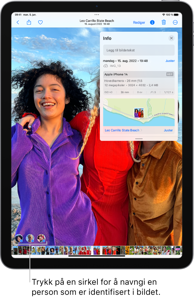 iPad-skjermen viser et bilde som er åpnet i Bilder-appen. Nede i venstre hjørnet på bildet vises spørsmålstegn ved siden av personene som er avbildet.