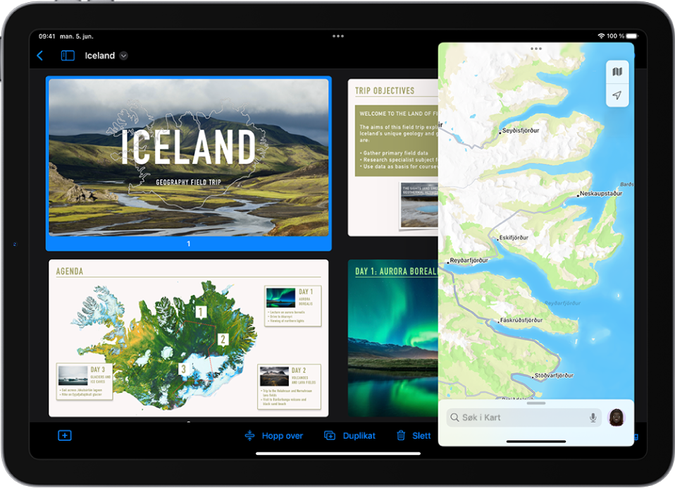 Keynote-appen fyller skjermen. Kart-appen er åpnet i et Slide Over-vindu til høyre på skjermen.