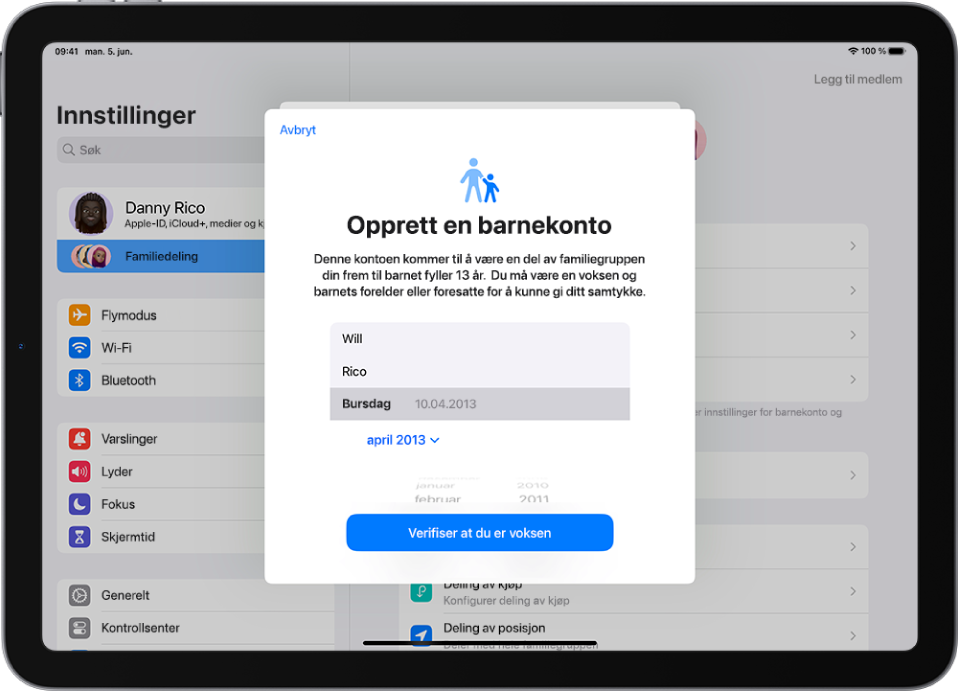 Skjermen for Opprett en barnekonto, med felt for barnets fornavn, etternavn og fødselsdato.