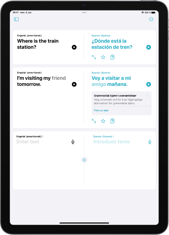 Oversett-fanen som viser fraser oversatt fra engelsk til spansk. Den andre frasen har et ord med ulike grammatiske kjønn markert i grått.