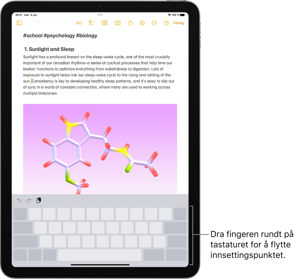 Et dokument er åpent i Notater-appen. Skjermtastaturet på nederste halvdel av skjermen er i styreflatemodus.
