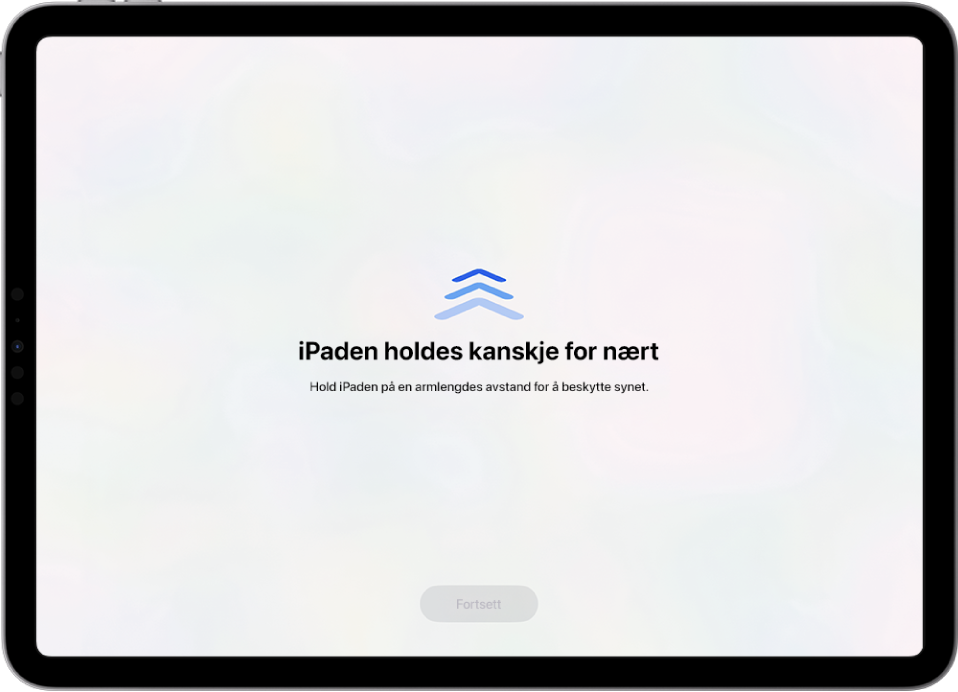 En skjerm med en advarsel om at iPaden er for nær, og med et forslag om å holde iPaden på armlengdes avstand. Når iPad flyttes lenger bort, vises Fortsett-knappen nederst, slik at du kan gå tilbake til forrige skjerm.