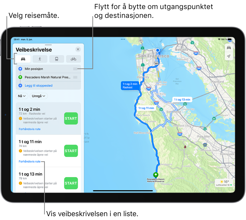 Et kart som viser flere kjøreruter mellom to steder, med muligheter for å velge andre reisemoduser, bytte startpunkt og bestemmelsessted og vise veibeskrivelsene i en liste.