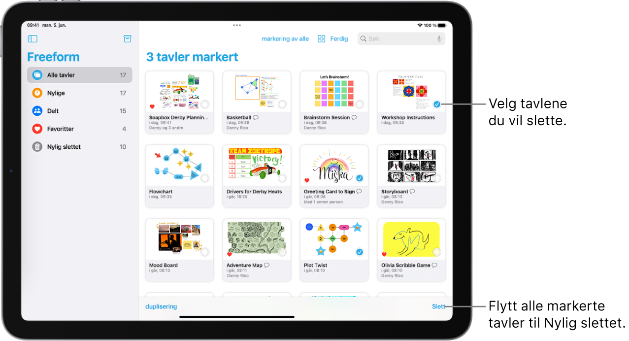 Flere tavler er markert i Alle tavler-visningen i Freeform. Slett-knappen vises nederst til høyre på skjermen.