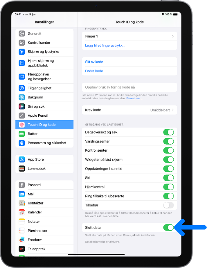 Slett data-kontrollen, som vises nederst på Touch ID og kode-skjermen i Innstillinger.