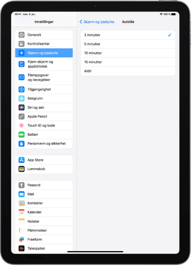 Autolås-skjermen med innstillinger for hvor lang tid det tar før iPad låses automatisk.