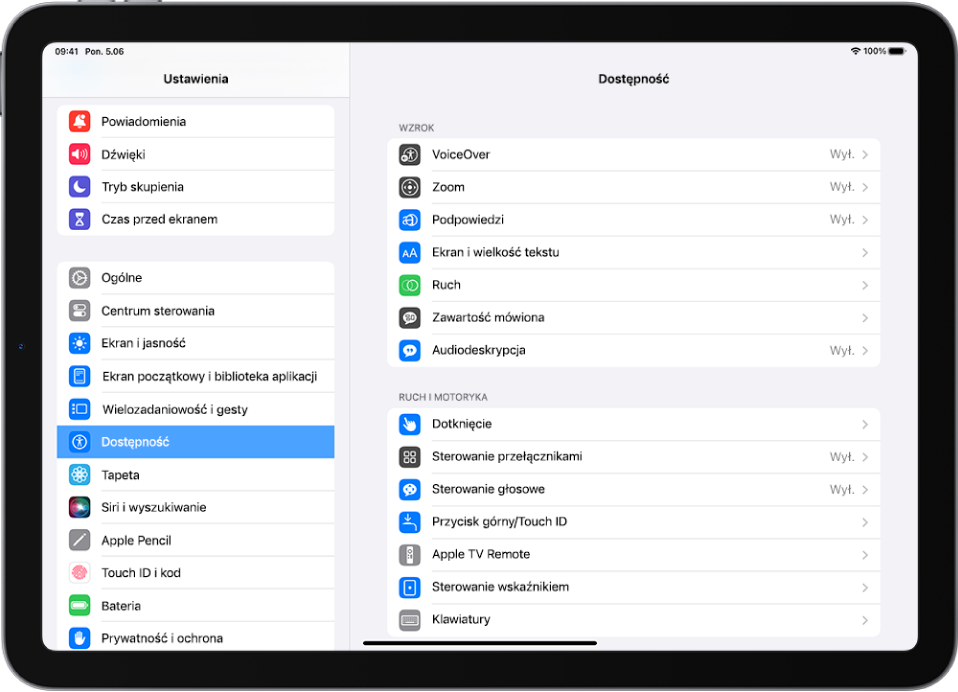 Ekran aplikacji Ustawienia na iPadzie. Po lewej stronie widoczny jest pasek boczny ustawień; zaznaczona jest pozycja Dostępność. Po prawej stronie znajdują się opcje pozwalające dostosować funkcje dostępności.