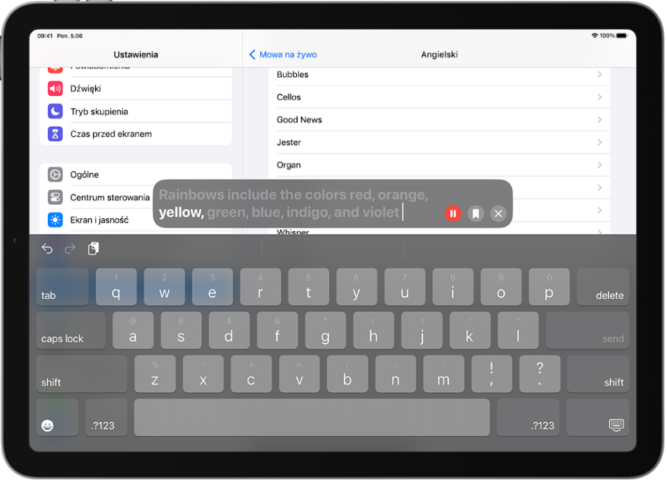 Funkcja Mowa na żywo na iPadzie czytająca na głos wprowadzony tekst.