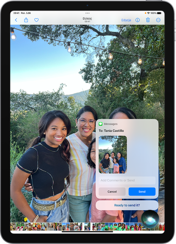 Ekran iPada. W prawym dolnym rogu widoczny jest wskaźnik aktywności Siri. Powyżej widoczna jest odpowiedź Siri w postaci wiadomości tekstowej gotowej do wysłania.